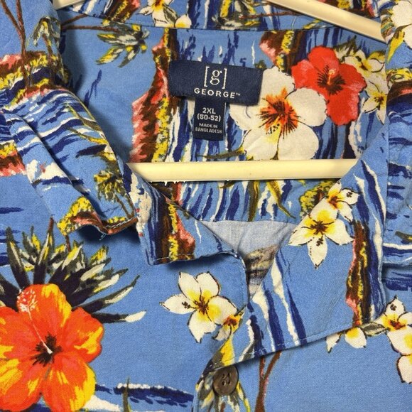 George Men Button Up Shirt 2XL Blue Floral Hawaiian Tropical Palm Trees Collar - Picture 5 of 11